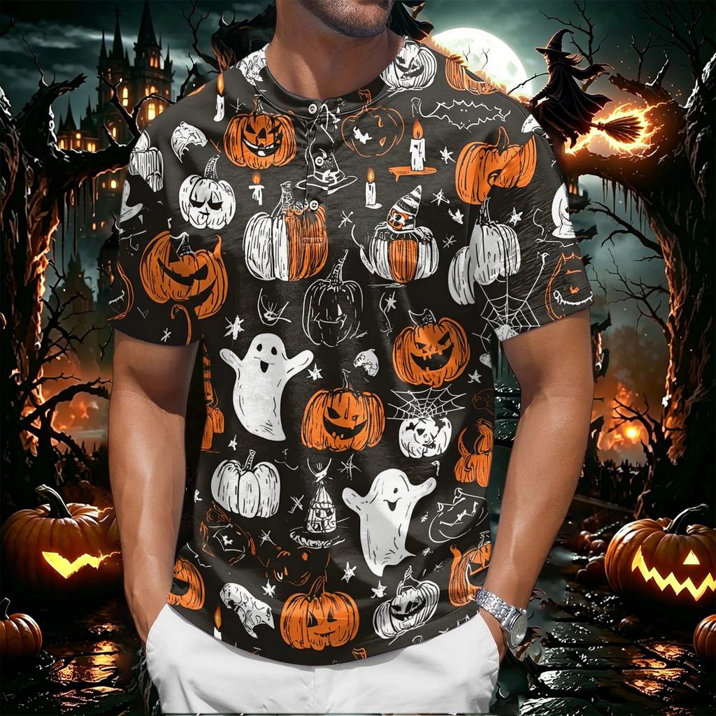 Men's Halloween Short Sleeve Henley Shirt Pumpkin and Bat Print Casual Lightweight Breathable Top for Seasonal Wear