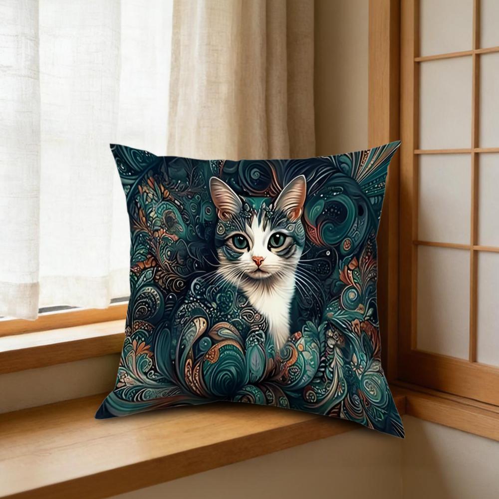 1Pc Artistic Cat Cushion Cover Teal Green Floral Swirl Pillowcase For Sofa Bedroom Decorative Throw Pillow Case Home Decor