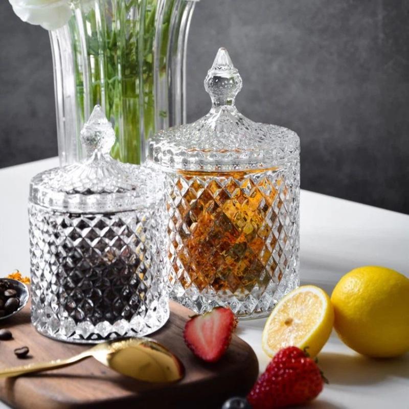Europäisches Retro-Glas-Aufbewahrungsglas mit Deckel, Transparenter Goldener Schmuck- & Wattestäbchenhalter, Süßigkeiten- & Make-up-Pinsel-Organizer