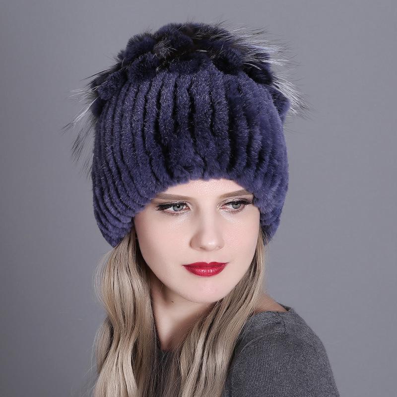 Colorful Rex Rabbit Fur Knitted Women's Warm Winter Hat