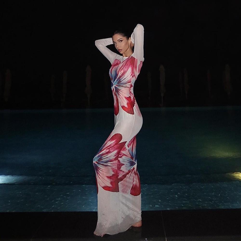 Summer Sheer Flower Print Long Sleeve Dress With High Waist For Teen Travel