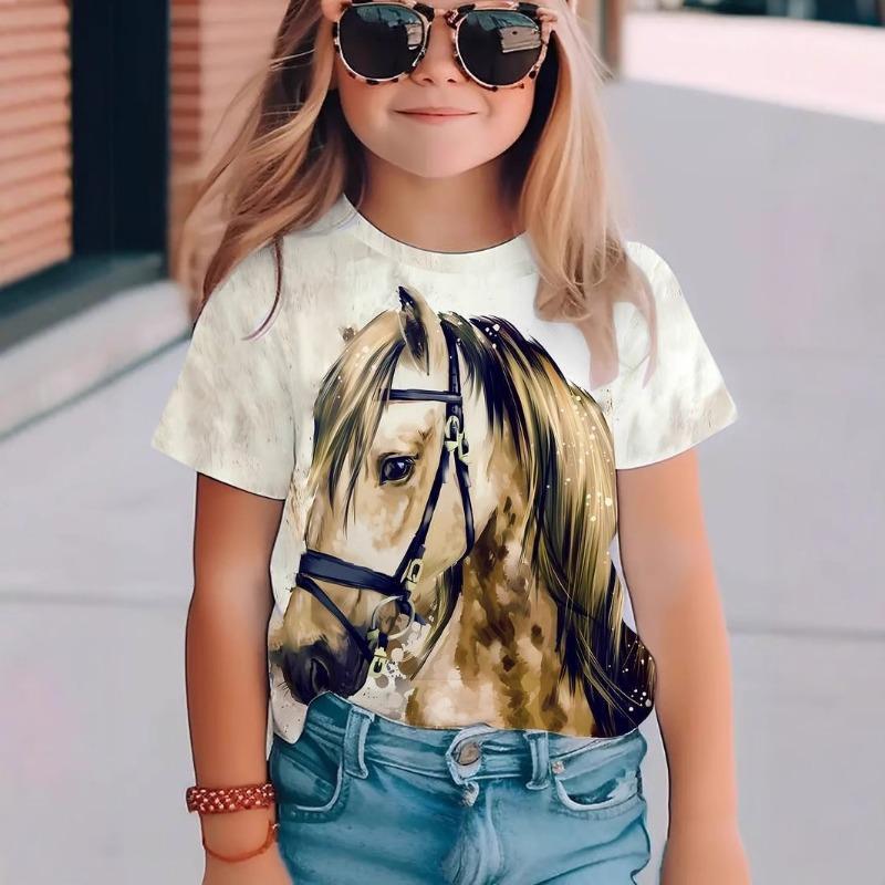 Summer Comfortable Soft Children's Fashionable 3D Printed Horse Pattern Round Neck Boys' Girls' Short Sleeved T-shirt