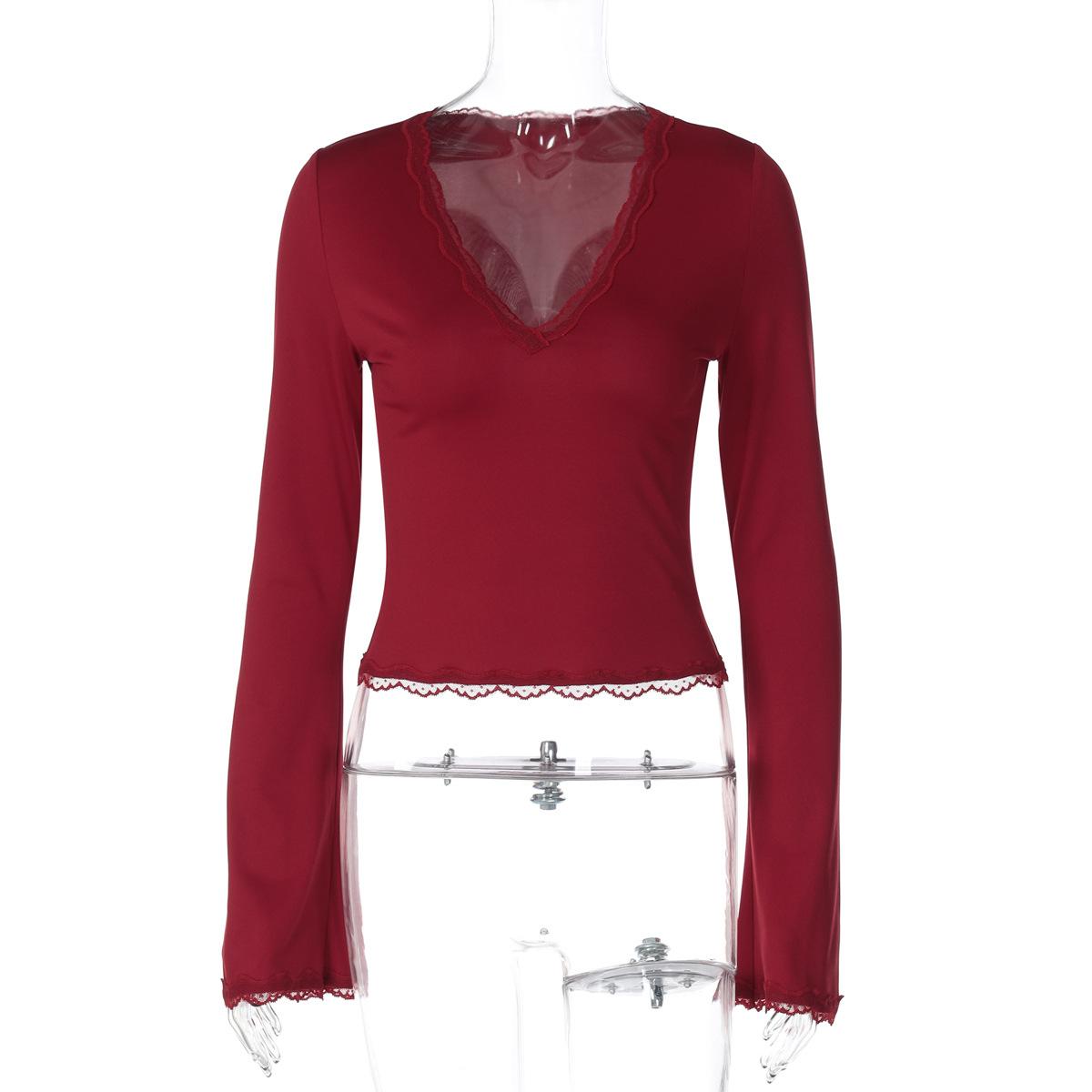 Women Sexy Fashion Lace Trim V Neck Long Sleeve Slim Fit Cropped T Shirt S