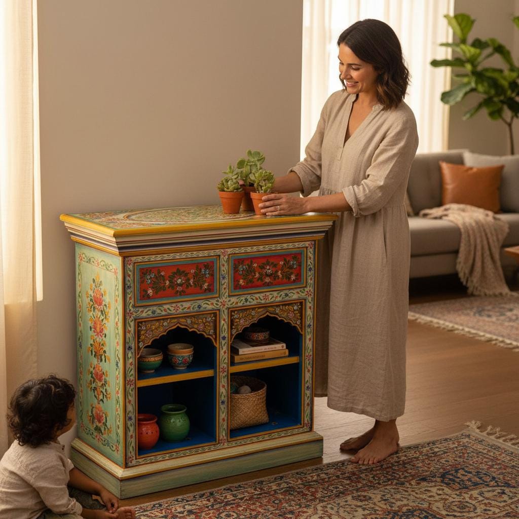 Wood Painted Bedside,Handicrafted Indian Drawer Desk Cupboard Cabinet Storage Bedroom Decor Furniture,Nightstand Sideboard Nightstand Table