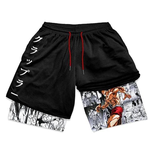 Calções de Treino Baki Grappler Calças Camada Dupla Boxe Muay Thai Kickboxing Treino Desenho Animado Japonês Animação Estampa 3D Ginásio Desporto Treino Fitness Cosplay Unissexo