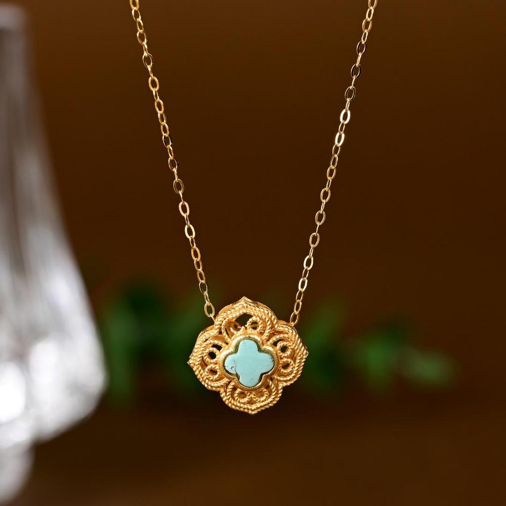 S925 Sterling Silver Turquoise Four-Leaf Clover Necklace with Chinese Window Lattice Clavicle Chain - Fashionable and Versatile X142