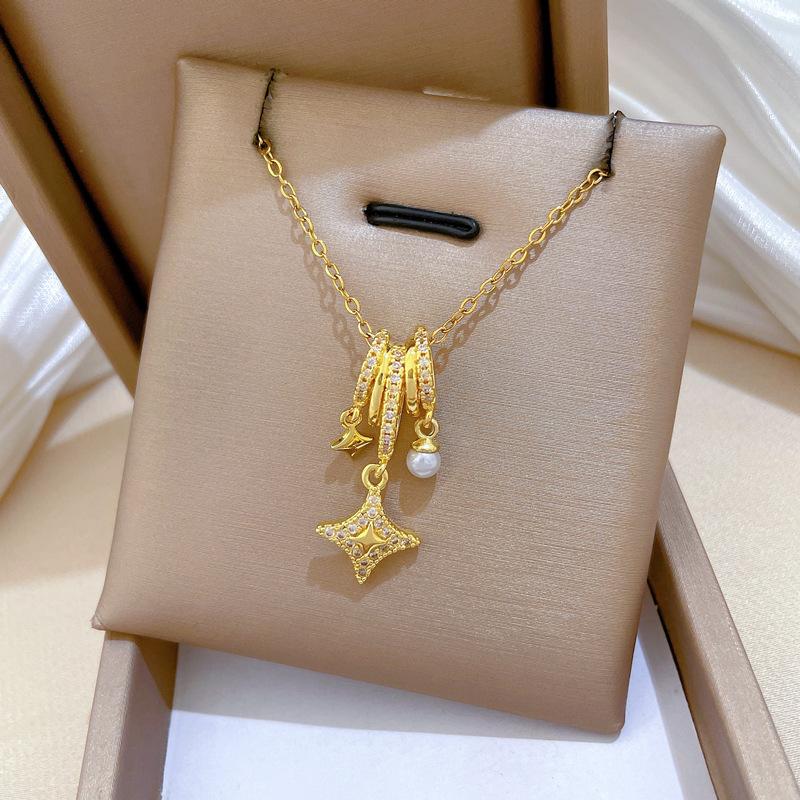 Titanium Steel, Pearl Star Ring Light Luxury Temperament Gorgeous Full Diamond Necklace Women'S Versatile Collarbone Chain Titanium Steel Chain