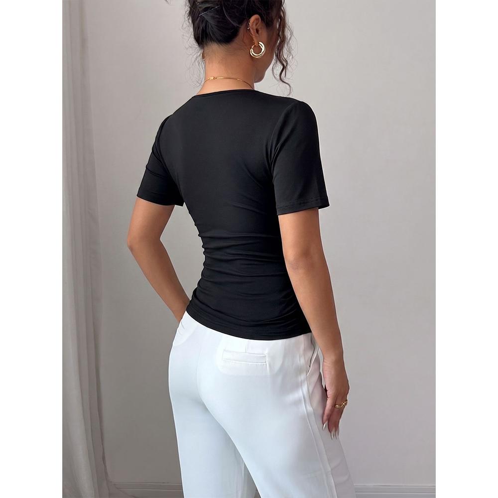 Women's Elegant Pearl Deep V Neck Tops Summer Ruched Short Sleeve Fitted Dressy Casual T Shirts
