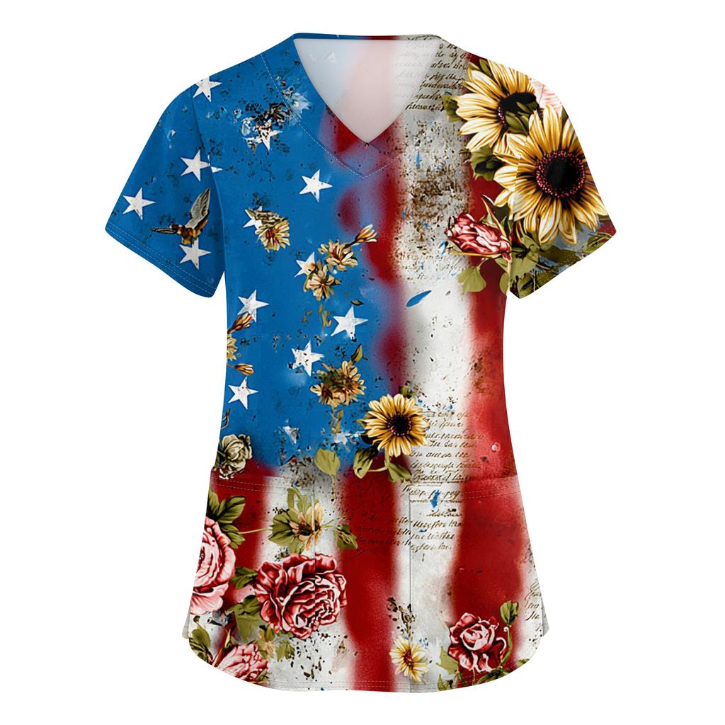 Damen Kurzarm Unabhängigkeitstag Aufdruck V-Ausschnitt Tasche Arbeitskleidung Oberteil
