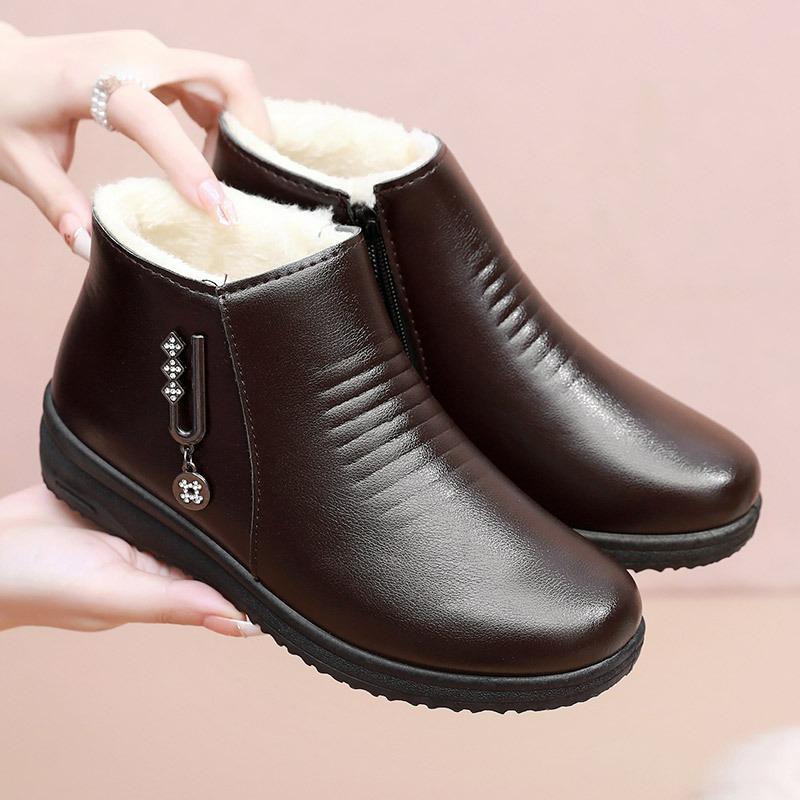 Winter Shoes, Cotton Shoes, Soft-soled Short Boots, Women's Plus Velvet Warm Boots, Flat-bottomed Middle-aged Cotton Leather Shoes