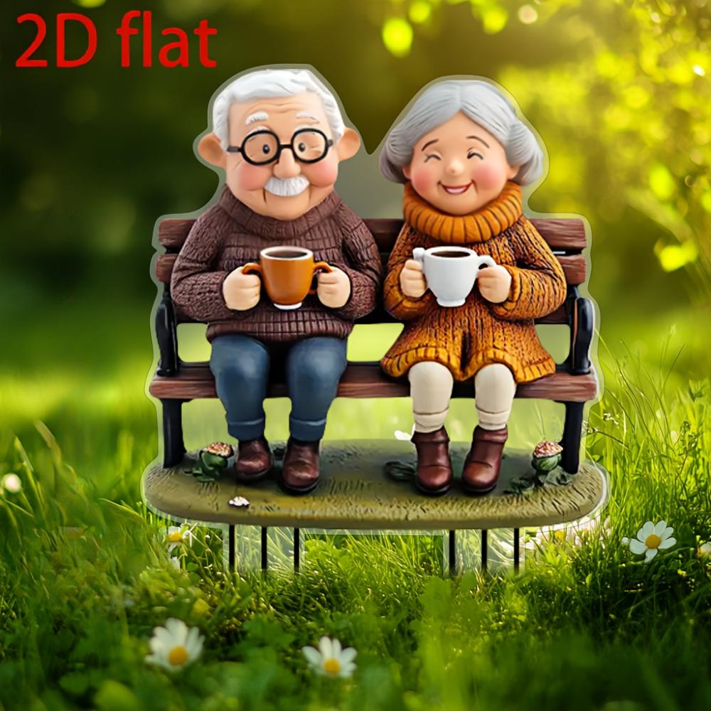 Teselskap for eldre par, 2D flat akryl, romantiske hagepynt til Valentinsdagen, egnet for plener, terrasser og hager, jul, Halloween