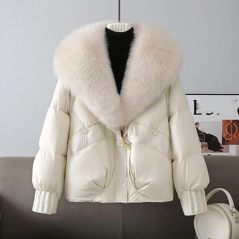 Women's Black Puffer Jacket with Large Gray Fur Collar Toggle Closure Warm Coat
