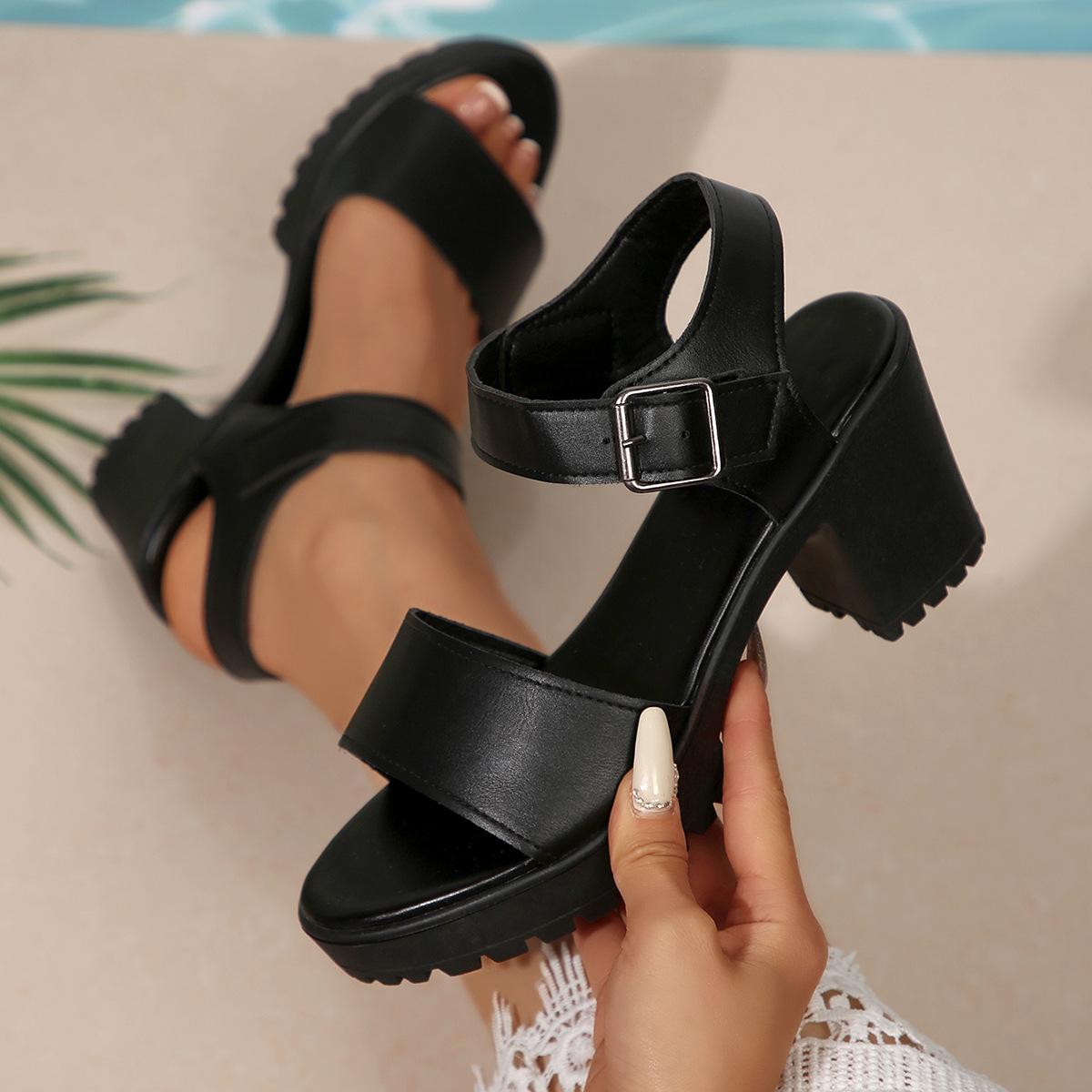 

2025 лето новые босоножки на толстом каблуке фея с открытым носком однословная пряжка босоножки на высоком каблуке нескользящие босоножки с открытым носком женские 36 чёрный