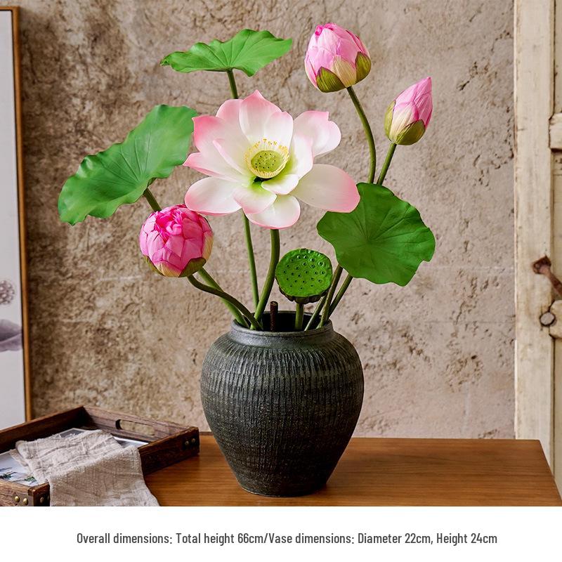Chinese Lotus Artificial Flower Decoration for Living Room and Dining Table - Realistic Floral Arrangement with Lotus Leaf.