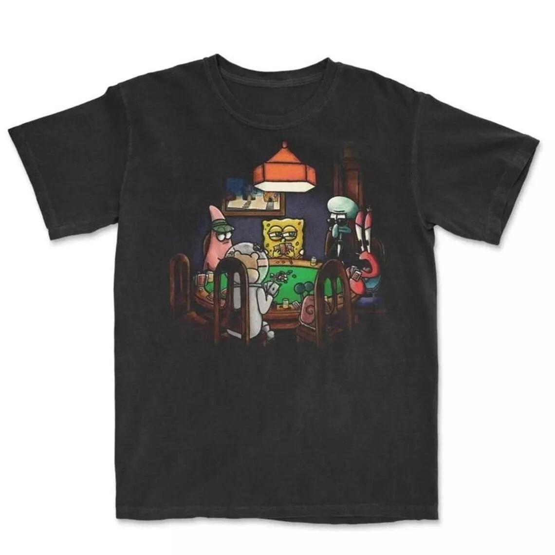 Funny Spongebob Playing Poker T-Shirt, Meme Genz Shirt XL