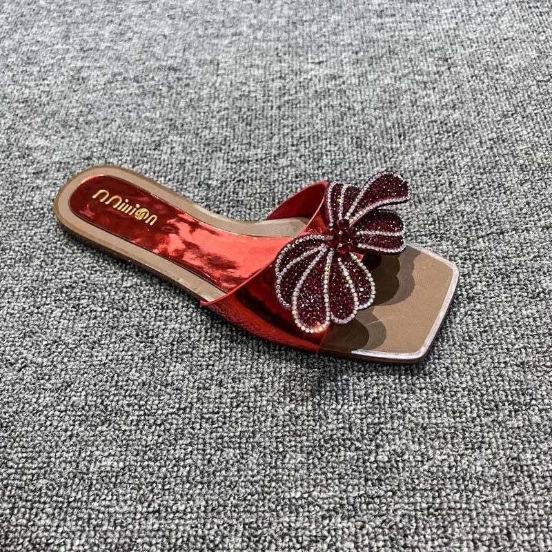 Sandals Women Flip Flops Rhinestone Flat Sandals Ladies Slippers Shoes Female Sqaure Toe Bling Party Sandalias Mujer