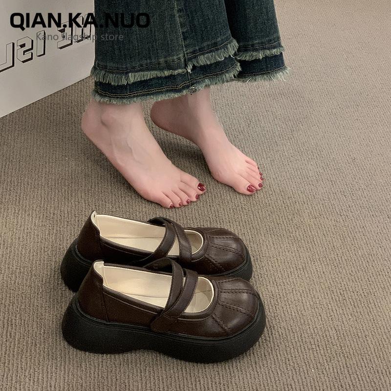 College Style Brown Platform Small Leather Shoes Women'S Velcro Loafers Spring And Summer Wear Mary Jane Single