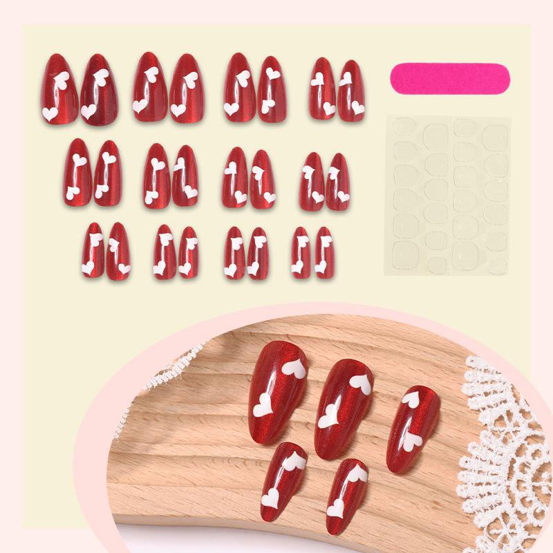 24pcs Valentine s Day Cat Eye Almond Nails - Sweet Heart Red Manicure Set