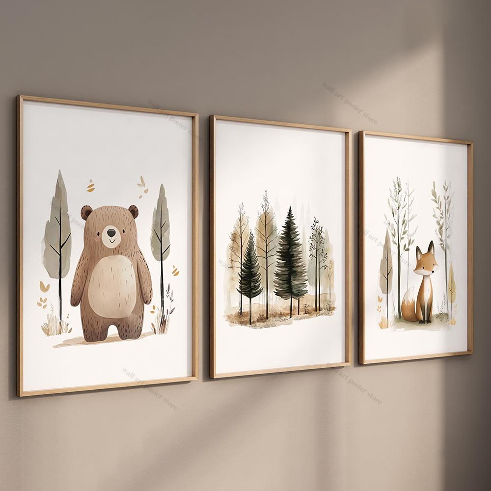 Woodland Nursery Wall Art Poster Bear Fox Forest Prints Neutral Baby Room Decor Watercolor Woodland Animal Print Canvas Painting