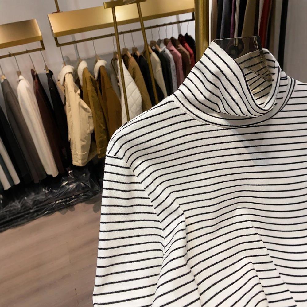 Double-Sided Velvet Striped Base Layer, Half-High Collar, Slim Korean Style Long-Sleeve Top for Women.