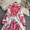 Autumn Holiday Red Blue And White Porcelain Maxi Dress Women Long Sleeve Single Breasted Lace Up Belt Flower Print Robe