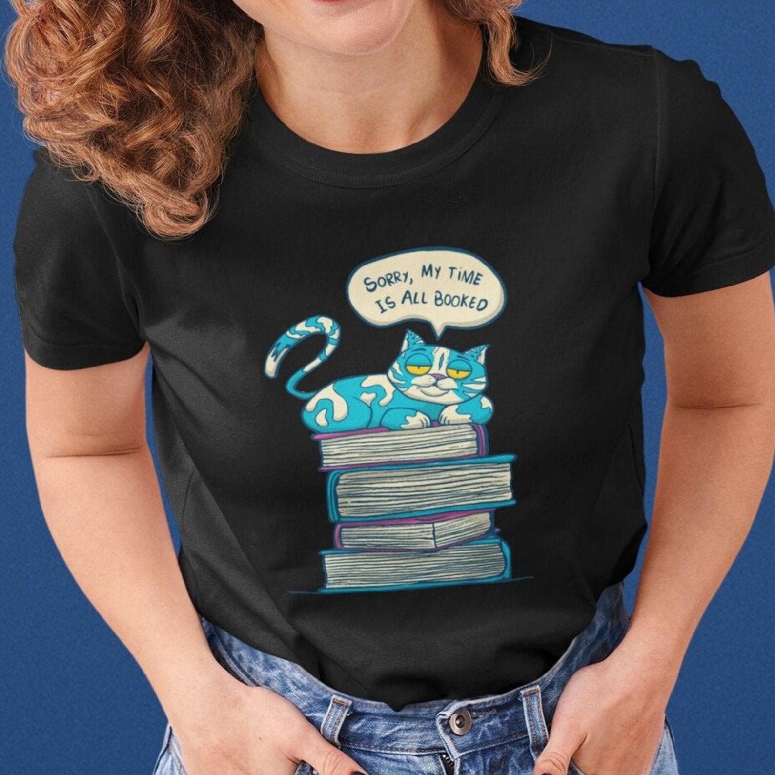 T-Shirt Women Cat with Books Funny Women s T-shirt Book and Cat, Reading Graphic Shirt S