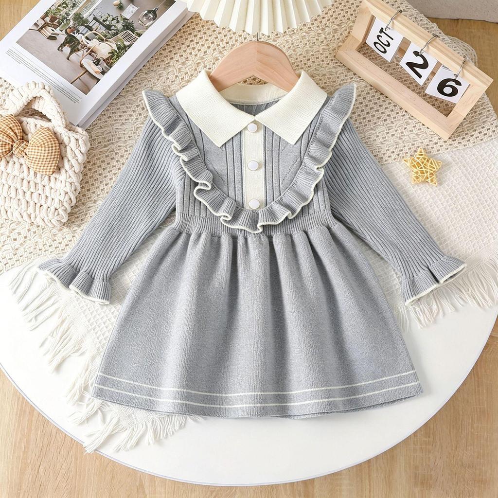 Bahar ve Sonbahar İçin Yaka Düşürmeli Çocuk Uzun Kollu Örgü Prenses Elbise