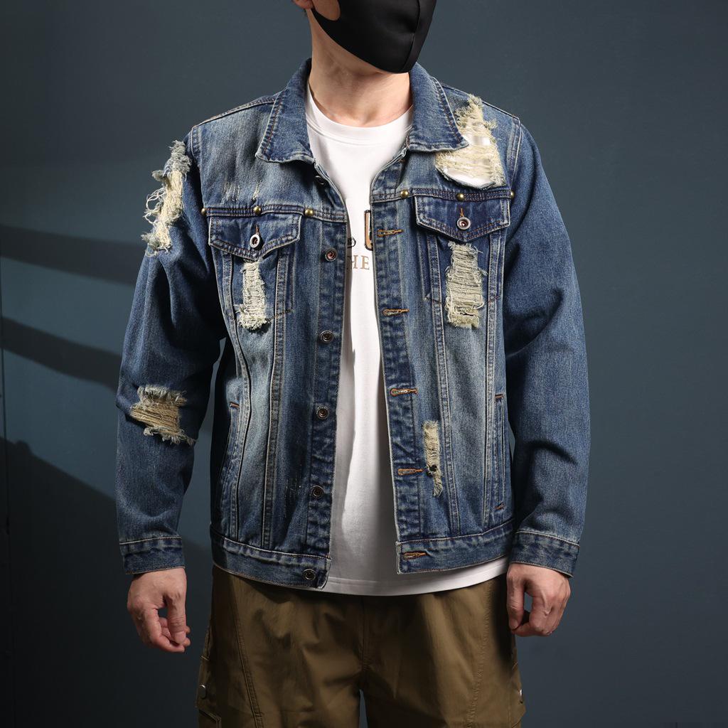 Xintang Ripped Distressed Men's Denim Jacket - Loose Long Sleeve Streetwear Outerwear for Spring