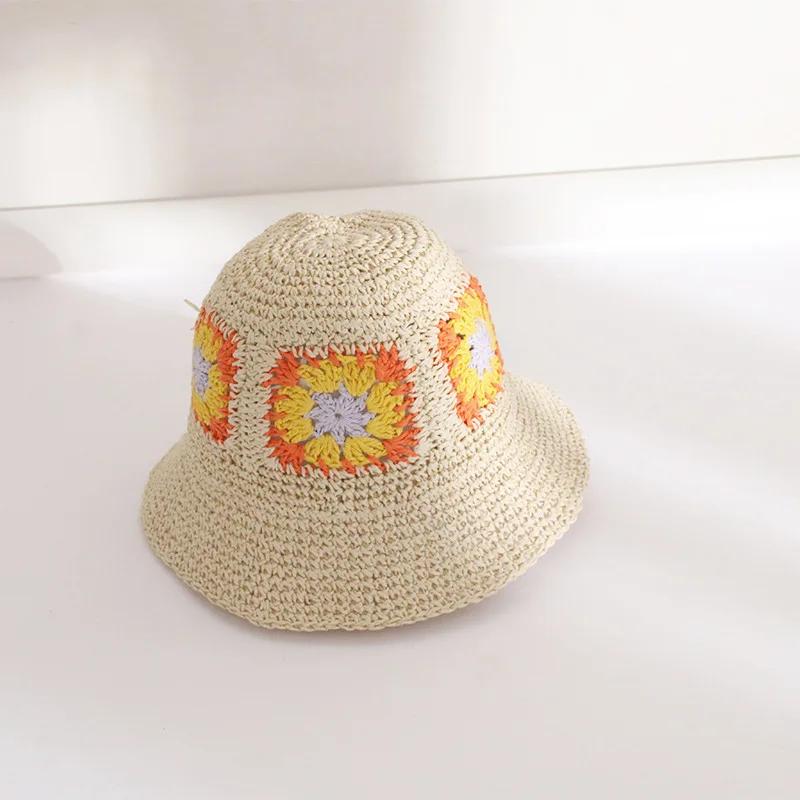 Japan Korea Crochet Beach Straw Hat Women Summer Flowers Grid Pure Hand-woven Hat Sunshade Fisherman Breathable Bucket Gorras