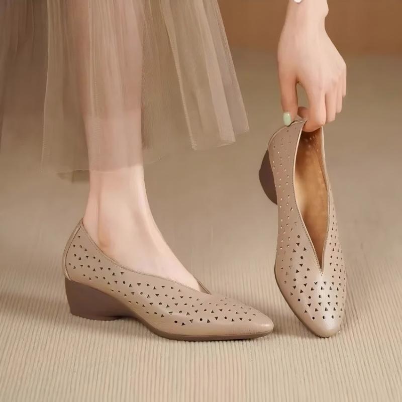 Summer Women's V-Cut Hollow Out Wedge Heel Shoes - Soft Sole Comfortable Mother Shoes, Korean Style Casual Commuter Flats