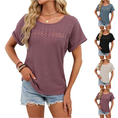 Women's Fashionable Color Round Neck Lace Patchwork Loose Short Sleeved T,shirt Top