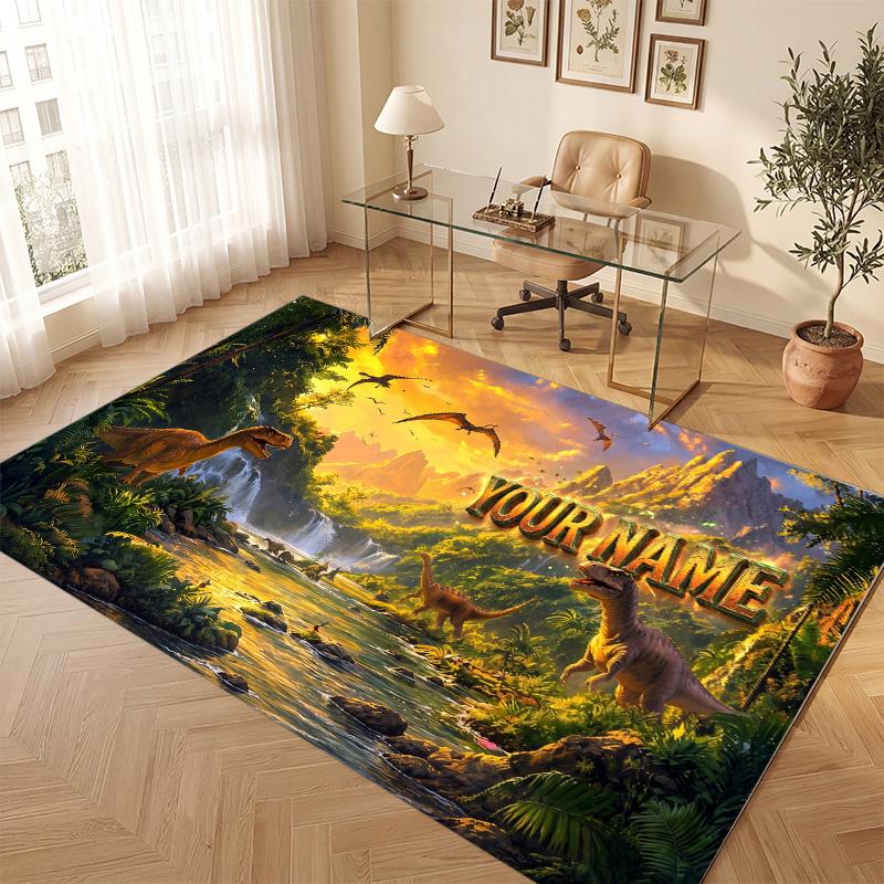Dinosaur Theme Soft Crystal Velvet Rug Custom Name & Text Print Non Slip Floor Rug for Bedroom Living Room