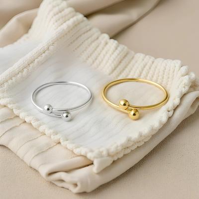 Women's Minimalist Stainless Steel Open Ring with Small Round Beads - Elegant Finger Ring Accessory