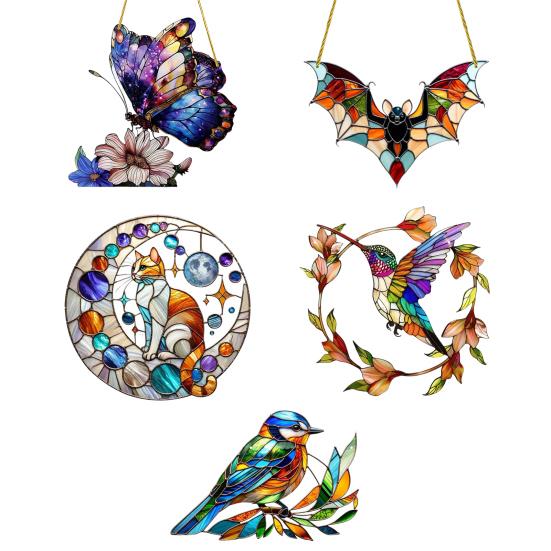 Animal Sun Catcher Multicolor Acrylic Bird Bat Pendant Stained Glass Style Hanging Decoration for Living Room Bedroom Windows Balconies