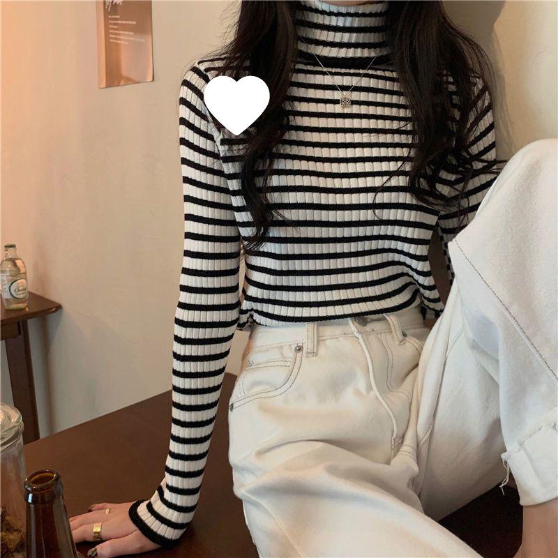 Striped High-Neck Women's Sweater - Autumn/Winter 2025 Slim-Fit Knitted Top, Gentle Style