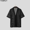 INCERUN Plus SIze Men Short Sleeve Solid Hollow Out Casual Texture Shirts