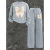 Damen Crewneck Sweatshirt & Hose mit Kordelzug, gerader Schnitt, 2-teiliges Set, bedrucktes lässiges Herbst-/Winter-Loungewear-Set
