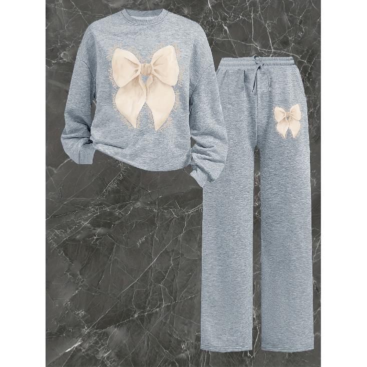 Damen Crewneck Sweatshirt & Hose mit Kordelzug, gerader Schnitt, 2-teiliges Set, bedrucktes lässiges Herbst-/Winter-Loungewear-Set