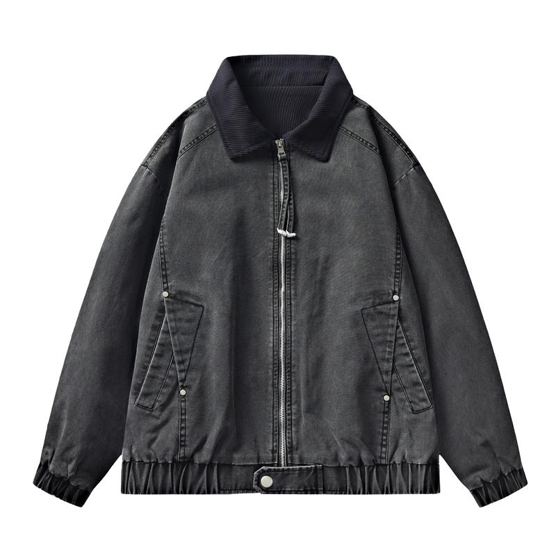 Lapel Work Jacket Men's Casual Loose Zipper Coat Top Clothes