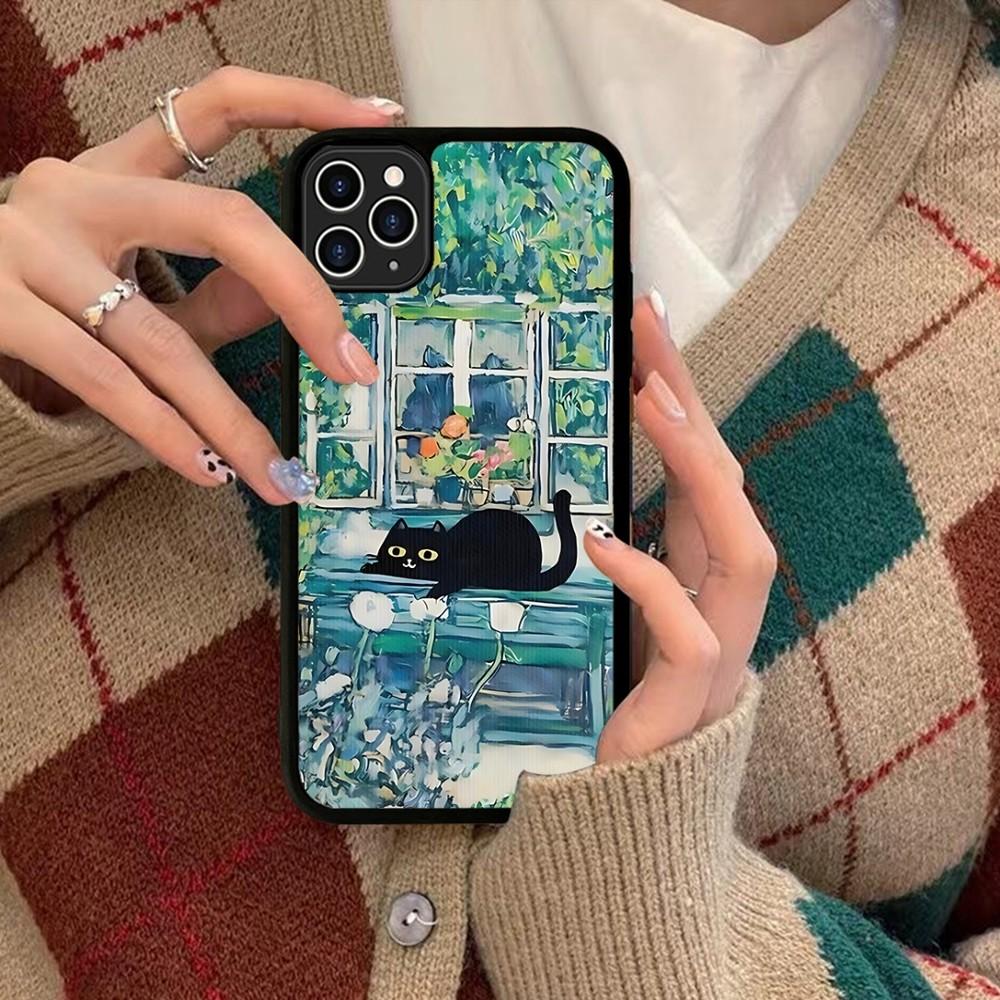 Cartoon Animal Black Cat Oil Painting Phone Case Silicone PC+TPU For For IPhone 11 12 13 14 15 16 Plus Pro Max Cover