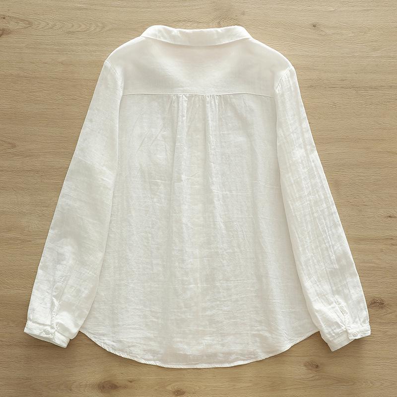 Pure Cotton Women's Lapel Pleated Blouse - Solid Color, Long Sleeve, Double Layer Yarn, Spring/Autumn.