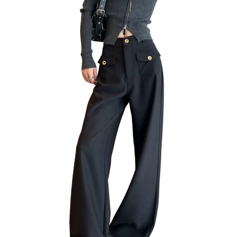 Women's High-Waisted Black Wide-Leg Pants - Spring/Autumn Drapey Suit Pants with a Relaxed Fit