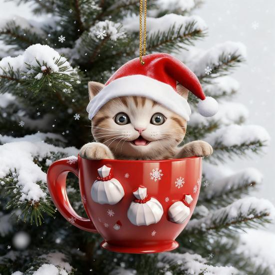 Christmas Pendant 2D Acrylic Cat Sitting Mug Charm Hanging Decor with Lanyard Holiday Party Decoration