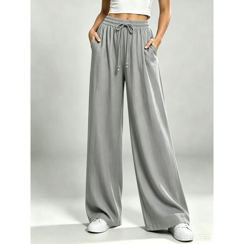 Womens Relaxed Straight Leg Pants Drawstring Elastic Waist Solid Color Casual Trousers