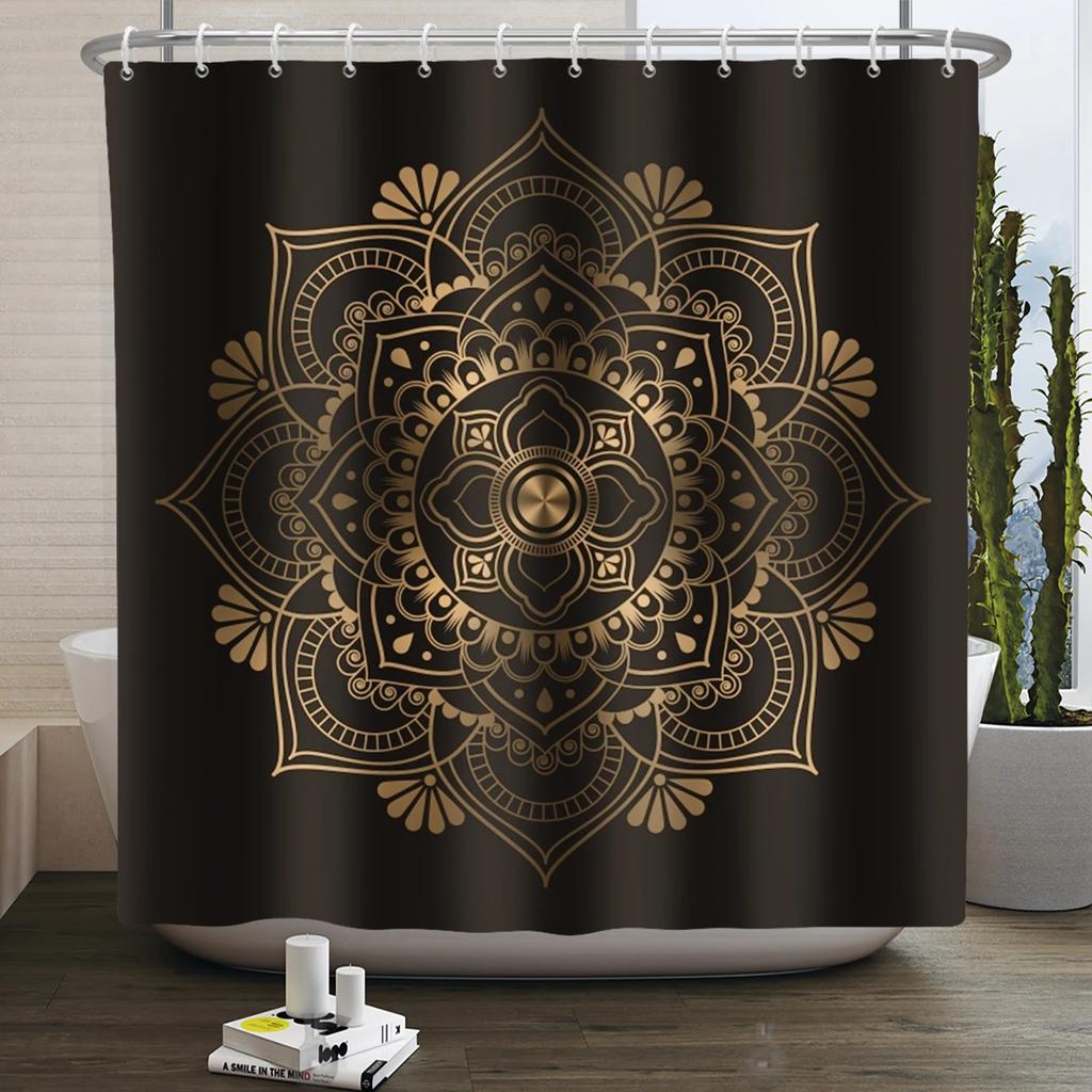 Bohemia Mandala Blume Duschvorhang Schwarz Gold Badevorhang Heim Badezimmer Dekoration Wasserdichtes Gewebe Badewannen-Bildschirm Mit Haken