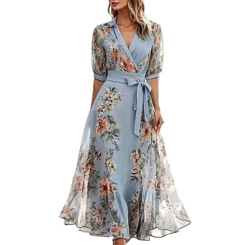 Women's Floral Print V Neck Long Sleeve Maxi Dress Wrap Style Elegant Party Dress
