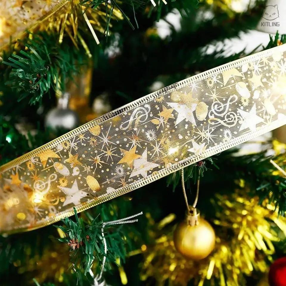 10M Christmas Light String Ribbon for Christmas Tree Decoration Double Layer Gold Stamping Luminous Ribbon Lamp Lace DIY Led Lights