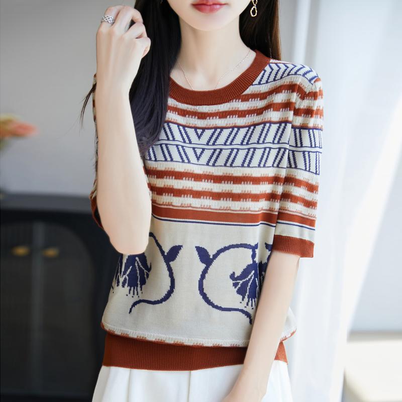 Women Knit T-shirt MODERN NEW SAGA Summer Knitted Shirt Short Sleeve Tees O-neck Patchwork Pullover Knit Tops