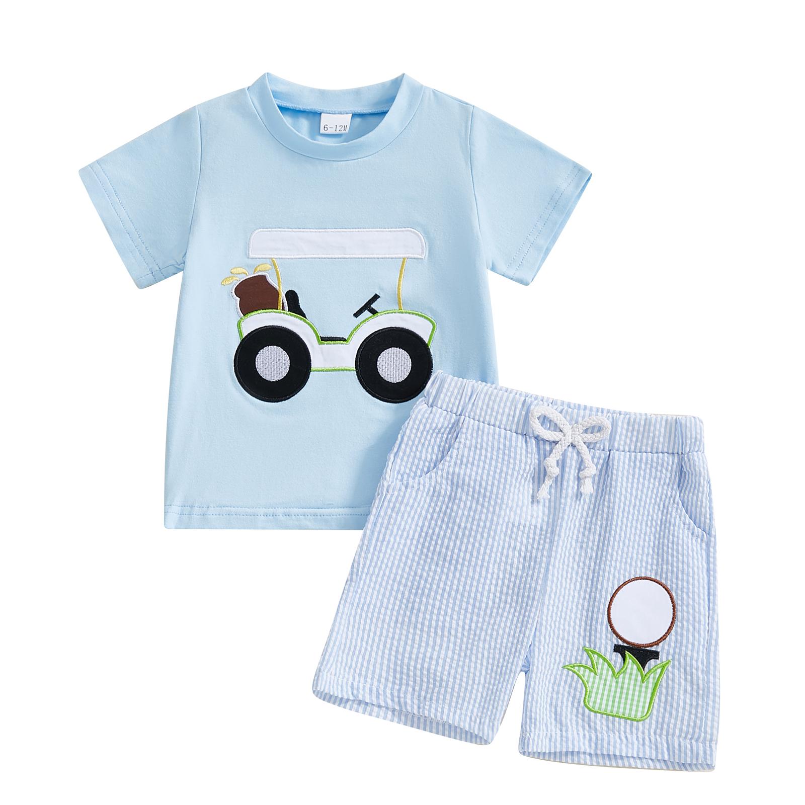 

Baby Toddler Boy Golf Outfit Golf Cart Short Sleeve T-shirt Plaid Elastic Waist Shorts 2 Pcs Set 18-24 Months