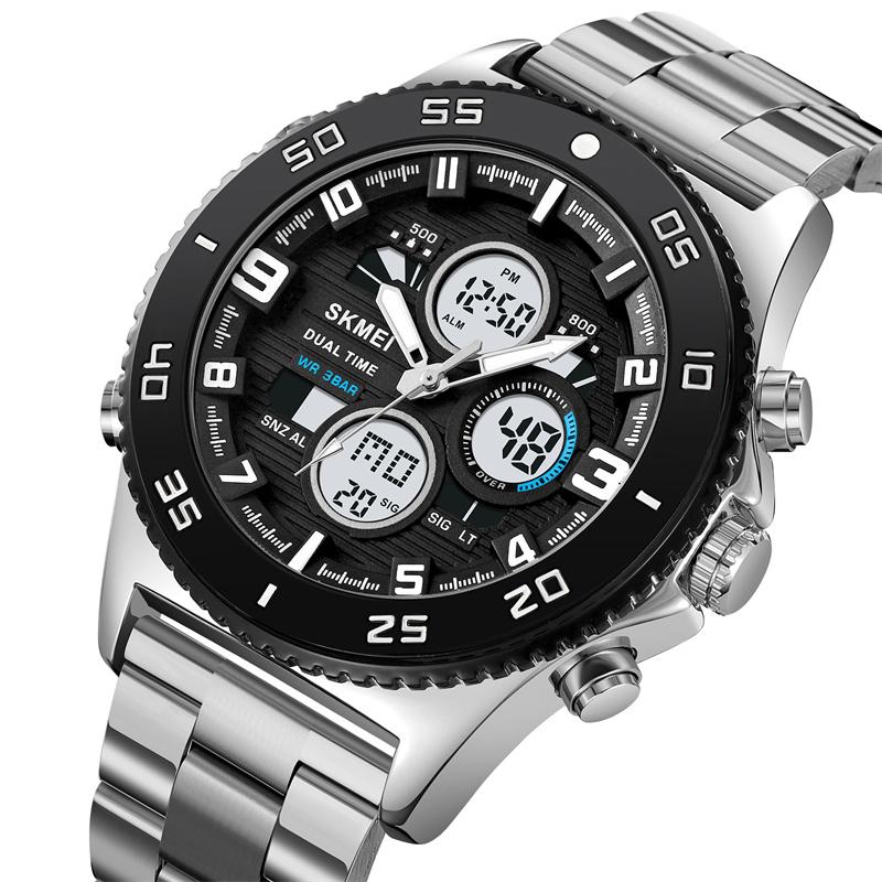 Skmei Mens Quartz Sports Waterproof Watches Luxury Stainless Steel Strap Analog Digital Display Dual Time Zone LED Alarm Clock